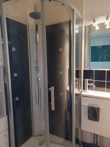 une salle de bain avec une douche avec une porte vitrée dans l'établissement appartement avant port, au Cap d'Agde