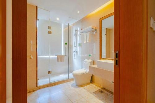 une salle de bains avec douche, toilettes et lavabo dans l'établissement Vienna International Hotel Lhasa Potala Palace, à Lhasa