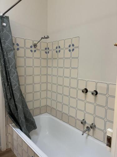 a bathroom with a bath tub with a shower curtain at Creek Cottage in Walhalla