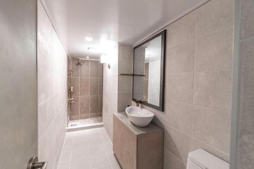a bathroom with a sink and a mirror at Hotel Elephant in Busan