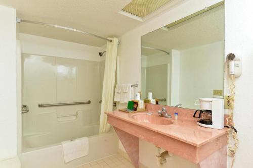 y baño con lavabo rosa y ducha. en Quality Inn, en Lake Park