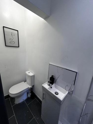a bathroom with a white toilet and a sink at Private ensuite room close to Rotherham city centre 2 in Rotherham