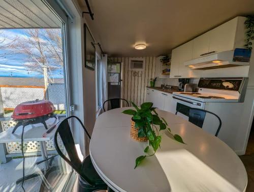 a kitchen with a table with a plant on it at Chalet #2 Waterfront with Spa Fireplace Wifi & AC in Cap-Saint-Ignace