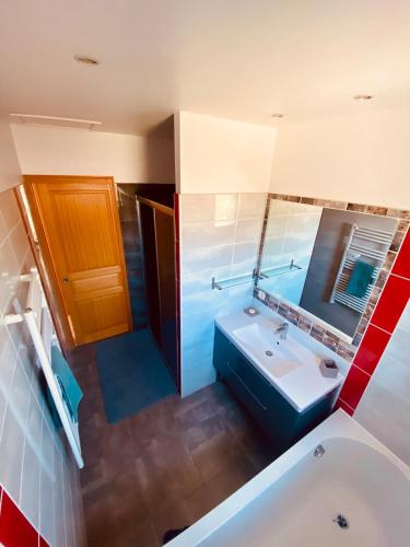 une salle de bain avec un lavabo et un miroir dans l'établissement Villa 9 people maximum, à Bagnols-en-Forêt