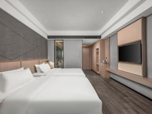 東莞市にあるibis Styles Dongguan Chang-an Wanda Plaza Hotelの広いベッドルーム(ベッド2台、薄型テレビ付)が備わります。