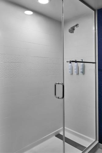 a shower with a glass door in a bathroom at Fairfield Inn by Marriott Rochester East in Webster