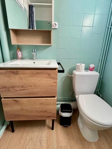 une salle de bain avec toilettes, lavabo et miroir dans l'établissement Studio Cosy à 200m de la plage, au Barcarès