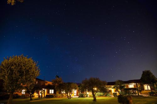 a starry night sky with trees and houses at Sa Mola in Bonarcado