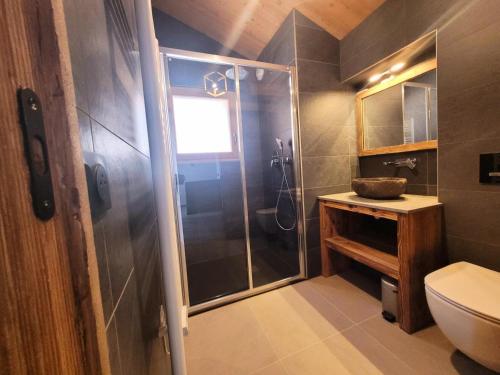 une salle de bain avec douche et toilettes dans l'établissement Résidence Le Confidentiel - Bel appartement 4 personnes au centre du village MAE-2391, aux Gets