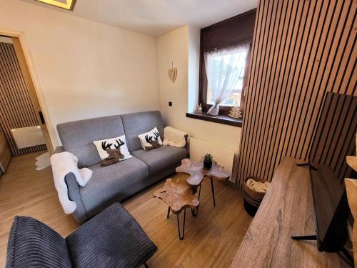 un salon avec un canapé et une table dans l'établissement Résidence Le Nabor - Appartement 4 personnes plein centre MAE-2641, aux Gets