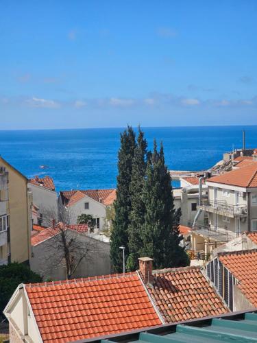 a view of the ocean from the roofs of buildings at Apartments Danica in Petrovac na Moru