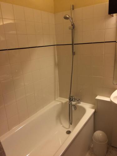 a bath tub with a shower in a bathroom at Hotel Elysée in Lyon