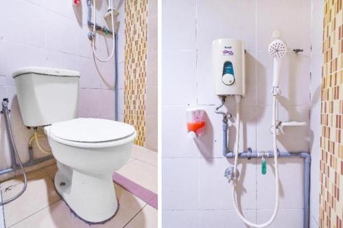 two pictures of a bathroom with a toilet and a shower at Station Hotel Klang in Klang