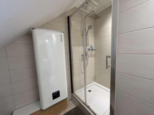 une douche avec une porte vitrée dans une salle de bain dans l'établissement Appartement duplex 46m2 sur le port d'Erquy, à Erquy