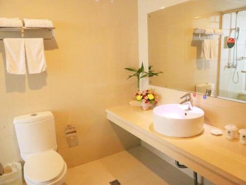 ein Badezimmer mit Waschbecken, Toilette und Spiegel in der Unterkunft GreenTree Inn Zhoushan New Town Hotel in Zhoushan
