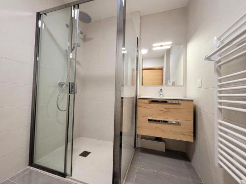 une salle de bain avec douche et lavabo dans l'établissement Résidence Cottage Alpin - Appartement 4 personnes au calme MAE-0801, aux Gets