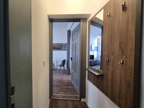 a hallway with a door and a mirror at Mikra Homes24 in Gößnitz in Gößnitz
