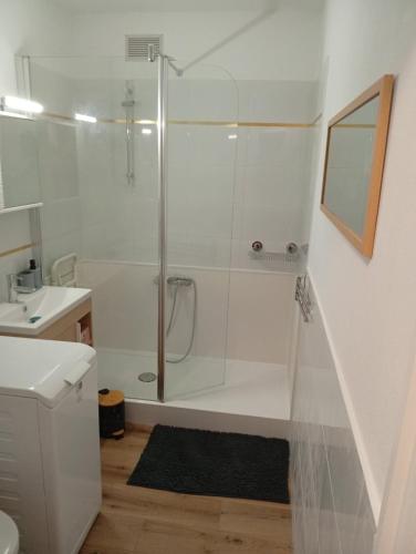 une salle de bain blanche avec une douche et un lavabo dans l'établissement Appart à deux pas de la plage Boulouris St Raphael, à Saint-Raphaël