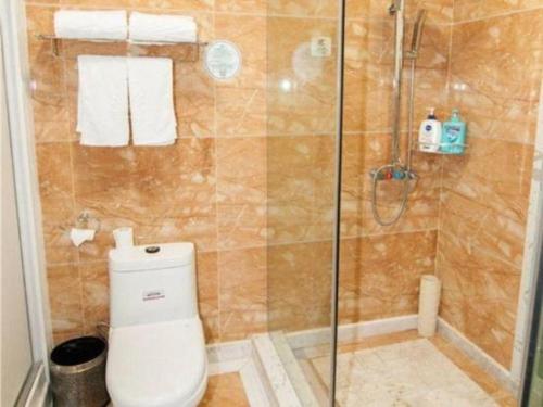 a bathroom with a shower with a toilet and a glass door at GreenTree Alliance Anhui Hefei South Passenger Station South High Speed Railway Station Hotel in Hefei