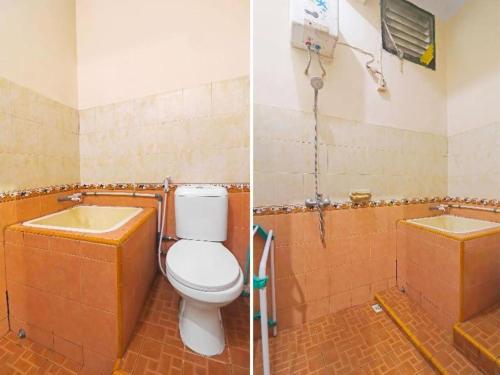 two pictures of a bathroom with a toilet and a sink at OYO 2899 Ardilia Bandara Syariah in Jambi