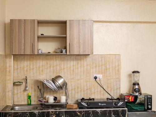 a kitchen with a stove and a counter top at Furnished Cozy One Bedroom Apartment in Busia