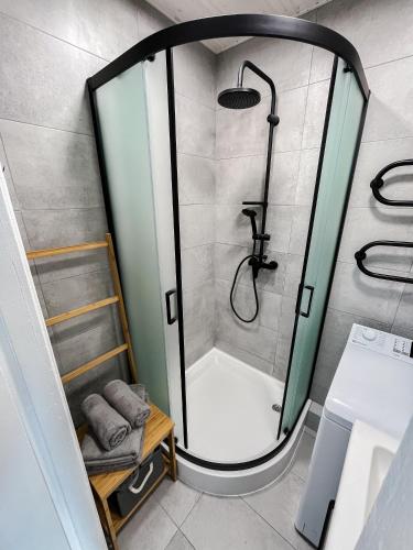 a shower with a glass enclosure in a bathroom at Lahemaa Seaside Studio in Loksa