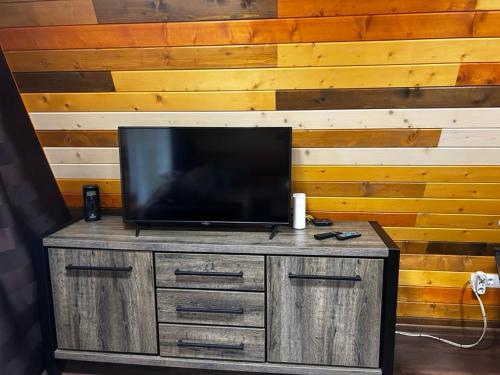 a flat screen tv sitting on top of a wooden cabinet at Romantica Forest Guest House in Dospat