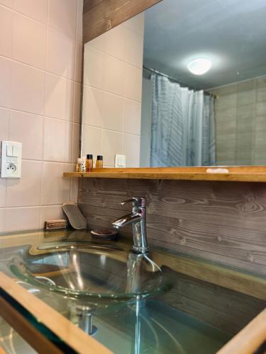 une salle de bain avec un lavabo et un miroir dans l'établissement Escapade sur la Vilaine, à Guipry-Messac