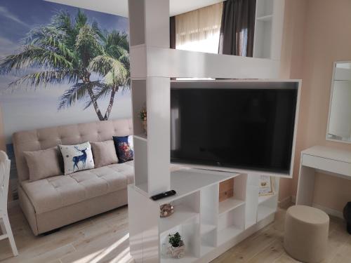 a living room with a large flat screen tv at Lime house in Kyustendil