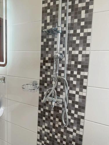 a shower in a bathroom with a tiled wall at Residence Life House Makepe bm in Douala