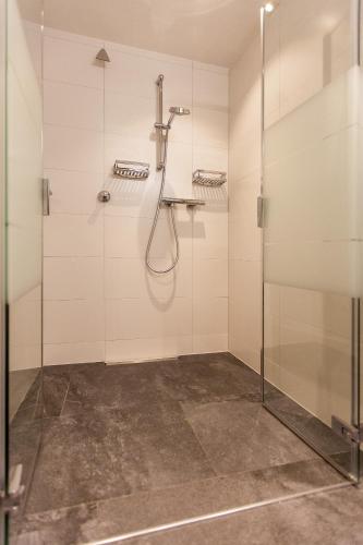 a bathroom with a shower with a glass door at Chalet Haberlhütte in Fieberbrunn
