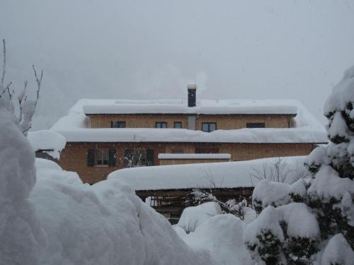 a building covered in snow with snow covered trees at Appartement Moosmann in Mellau