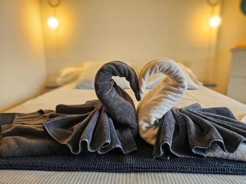 2 serviettes en forme de cygne assises sur un lit dans l'établissement Superbe Duplex les pieds dans l'eau Vue Lac et Château avec Plage et parking Privés, à Duingt