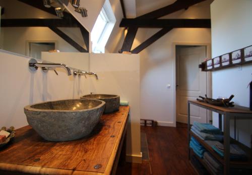 a bathroom with a large stone sink on a wooden counter at Bed and Breakfast 'Op de Kleijne Hei' in Well