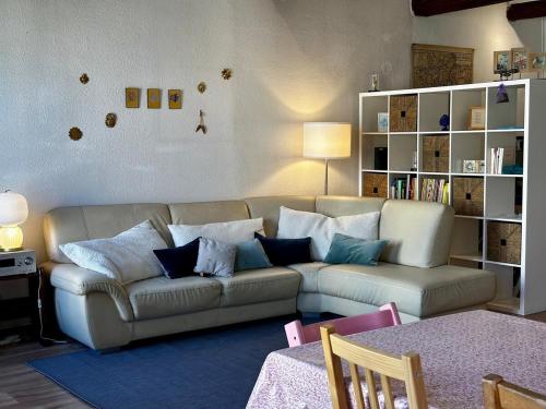 un salon avec un canapé et une étagère dans l'établissement T3 Chaleureux - Vieux Toulon - Proche Port, à Toulon