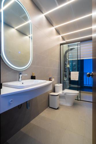 a bathroom with a sink and a toilet and a mirror at Phuc Hai Hotel Da Lat in Da Lat