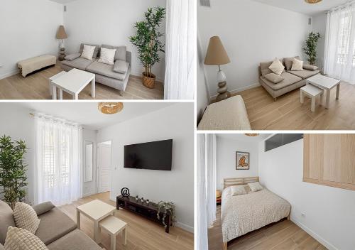 a living room with a couch and a tv at Appartement lumineux et moderne, proche transports in Pantin