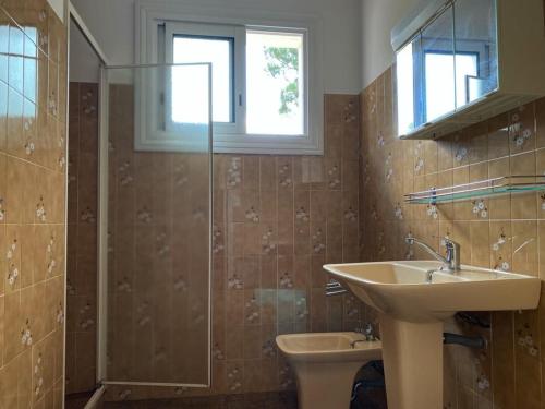 une salle de bain avec un lavabo, une douche et des toilettes dans l'établissement Maison Individuelle à Jard-sur-Mer avec Terrasse et Jardin - FR-1-336-73, à Jard-sur-Mer