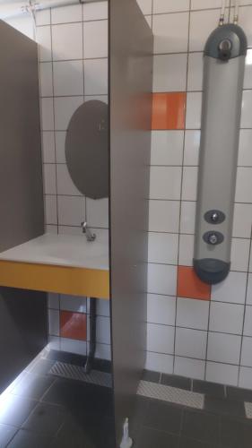 une salle de bain avec un lavabo et un miroir sur un mur dans l'établissement Camping de la mer, à PloÃ©ven