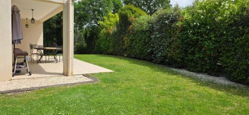 a yard with green grass and a hedge at Les dentelles Évasion Provençale Villa avec Piscine et jardin in Carpentras
