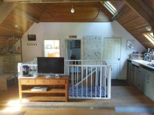 un salon avec une télévision sur une table en bois dans l'établissement Sunshine Cottage, à Berjou