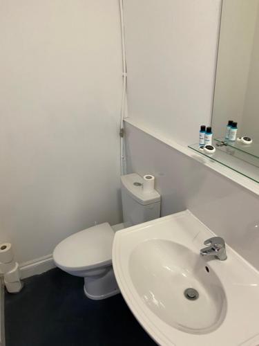 a white bathroom with a toilet and a sink at The Kings Head in Cheddar