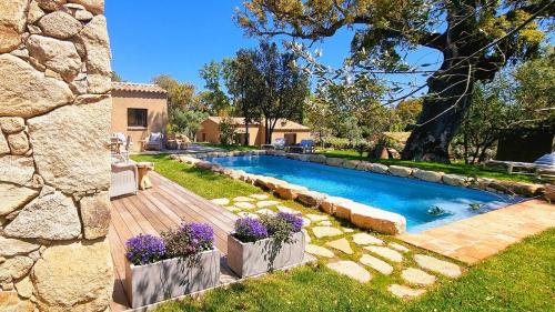 - une piscine dans une cour ornée de fleurs violettes dans l'établissement Domaine de Gialla Bergerie Prugna, 8 pers, piscine chauffée, 10 mn plage, à Arraggio