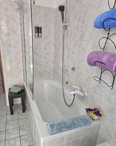 a bathroom with a shower and a tub with purple towels at ZARA HOUSE - Lake and Pet Friendly in Brusimpiano