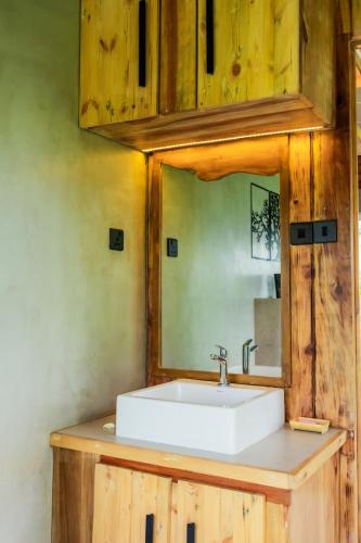 ein Badezimmer mit Waschbecken und Spiegel in der Unterkunft Heliconia Ledge in Mawanella