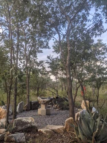 a park with a bench and some trees and rocks at The Honey House Self-Catering and Camping in Lusaka