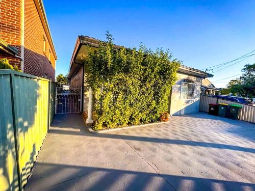 Una pared cubierta de hiedra junto a una casa con entrada para coches. en La Casa Di Dicembre, en Sídney