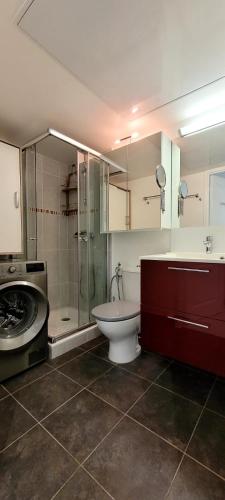 La salle de bains est pourvue de toilettes, d'une douche et d'un lave-linge. dans l'établissement Apartment Blue Riviera - am Strand mit Meerblick und Pool by Riviera HomeLife, à Saint-Raphaël