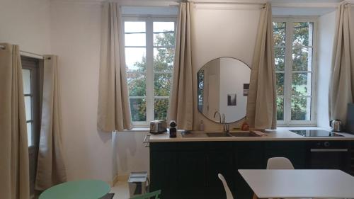 a bathroom with a sink and a mirror at Pontrieux - Moutons Ouessant - Bord du Trieux in Pontrieux