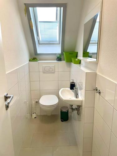 a small bathroom with a toilet and a sink at Ferienwohnung Seehas am Bodensee in Friedrichshafen